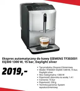 Media Markt Ekspres automatyczny do kawy Siemens TF303E01 EQ300 Daylight silver oferta