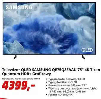 Telewizor Qled Samsung QE75Q8FAAU 75 4K Tizen Quantum HDR+ Grafitowy