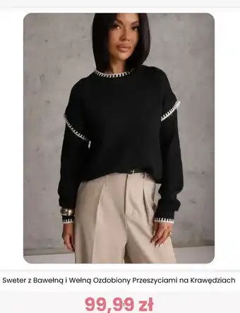 Sweter z Bawełną i Wełną Ozdobiony Przeszyciami na Krawędziach