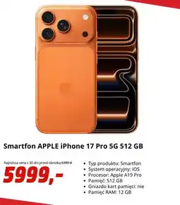 Media Markt Smartfon Apple iPhone 17 Pro 5 g 512 Gb oferta