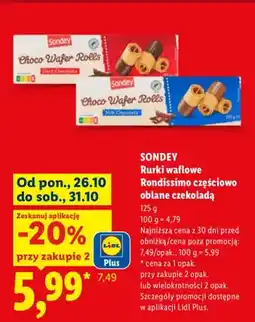 Lidl Rurki waflowe Rondissimo częściowo oblane gorzką czekoladą Sondey oferta
