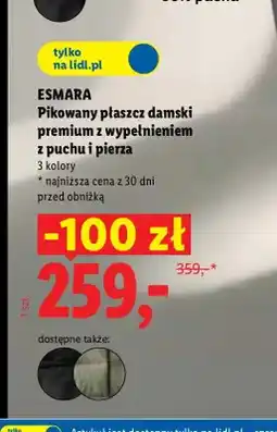 Lidl Pikowany płaszcz damski premium z wypełnieniem z puchu i pierza Esmara oferta