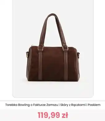 Torebka Bowling o Fakturze Zamszu i Skóry z Rączkami i Paskiem