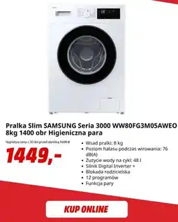 Media Markt Pralka slim Samsung Seria 3000 WW80FG3M05AWEO 8 kg 1400 obr Higieniczna para oferta