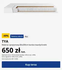 JYSK Materac sprężynowy 80x200 cm bardzo twardy/średni TYA oferta