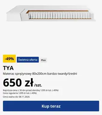 Materac sprężynowy 80x200 cm bardzo twardy/średni TYA