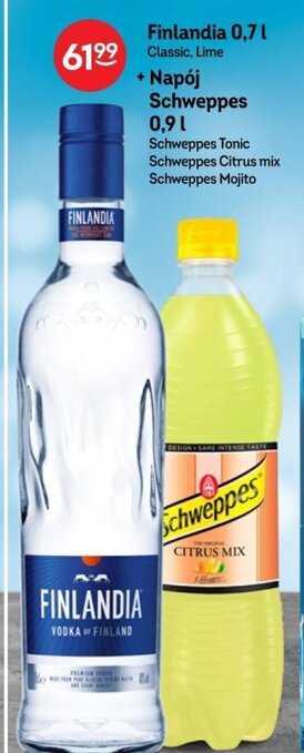 Żabka Finlandia 0,7l + napój Schweppes 0,9l oferta