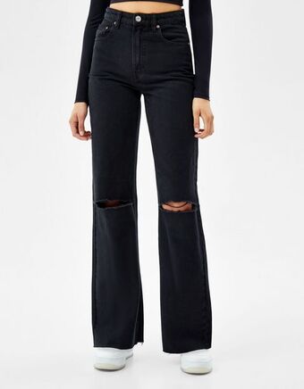 Bershka Spodnie z diagonalu o kroju wide leg z rozdarciami oferta