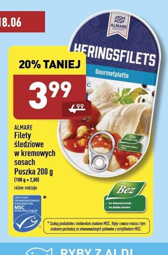 ALDI Filety śledziowe w kremie pomidorowym Almare Seafood oferta