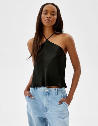 Bershka Satynowy top z dekoltem halter na ramiączkach oferta
