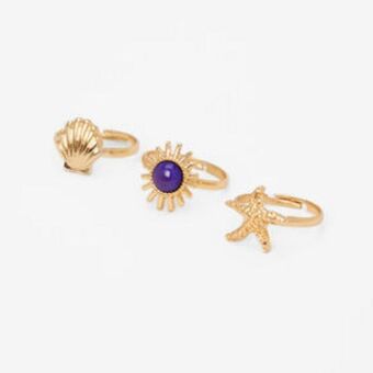 Gold mood seashell & sun rings - 3 pack
