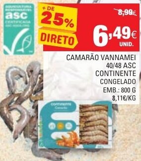 Camarão Vannamei 40/48 ASC Continente Congelado 800g