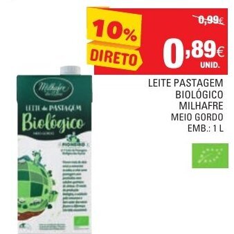 Continente Leite Pastagem Biológico Milhafre Meio Gordo 1L promoção