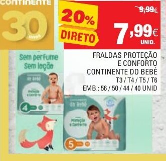 Continente Fraldas Proteção e Conforto Continente do Bebé 56/ 50/ 44/ 40 Unid promoção