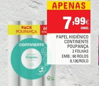 Continente Papel Higiénico Continente Poupança 2 Folhas 60 Rolos promoção