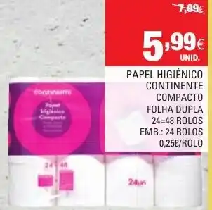 Continente Papel Higiénico Continente Compacto Folha Dupla 24=48 Rolos promoção
