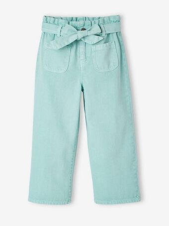 Vertbaudet Calças cropped largas com cinto, para menina - azul claro... promoção