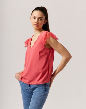 Naf Naf Blusa ondas y puntillas color coral promoção