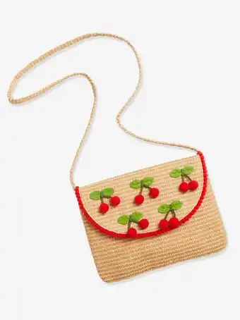 Carteira com cerejas, tipo ráfia, para menina - bege claro...