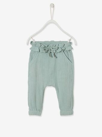 Calças com cós elástico, para bebé menina - verde medio liso