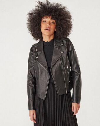 Naf Naf Cazadora de piel color negro promoção