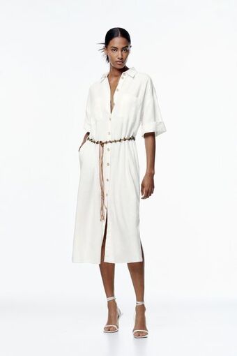 ZARA Vestido camiseiro cinto com linho promoção