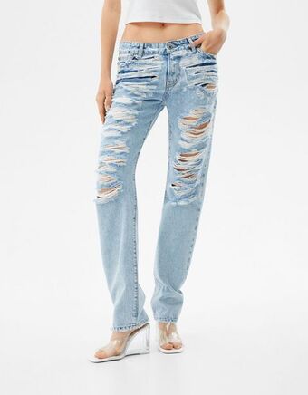 Bershka Jeans direitas vintage com rasgões promoção