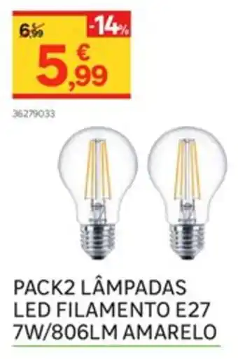 Pack2 Lâmpadas LED Filamento E27 7W/806LM Amarelo
