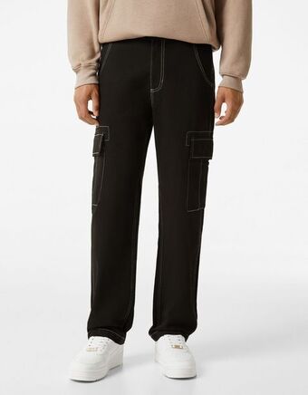 Bershka Calças wide cargo fio contraste promoção