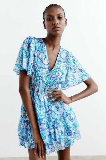 ZARA Vestido estampado com fio metalizado promoção