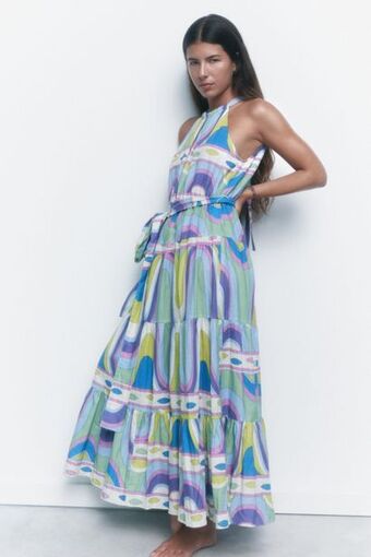 ZARA Vestido estampado com linho promoção