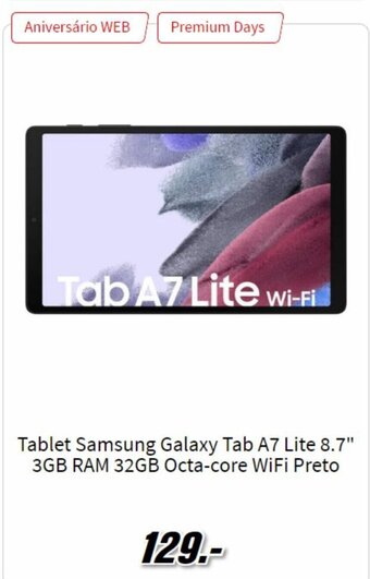 MediaMarkt Tablet Samsung Galaxy Tab a7 Lite 8.7" 3GB RAM 32GB Octa-core Wifi Preto promoção