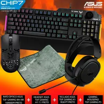 Chip7 Bundle asus gaming pack 5 - rato tuf gaming m4 air + teclado tuf gaming k1 + auscultadores tuf gaming h1 + tapete tuf gaming promoção