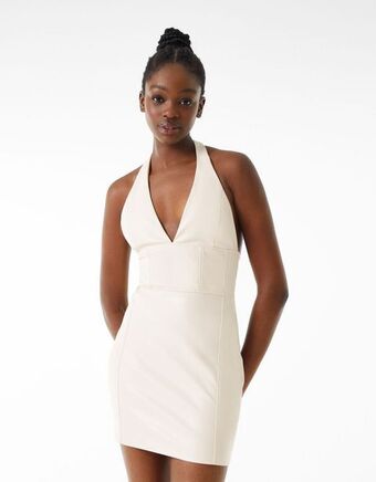 Vestido mini decote halter detalhe corsolete efeito pele