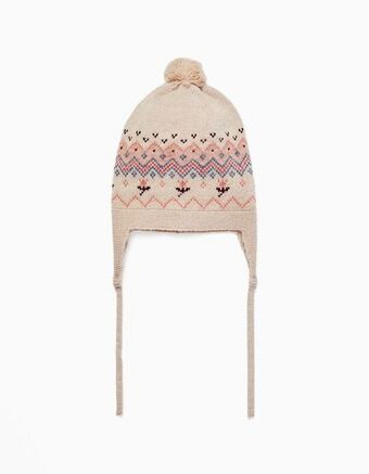 Zippy Gorro de malha com jacquard e pompom para bebé menina, bege promoção