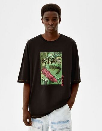 Bershka T-shirt manga curta oversize extra loose estampado jujutsu promoção