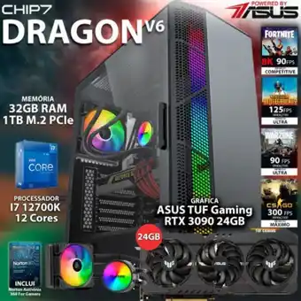 Chip7 Computador gaming - i7 12700k / rtx 3090 24gb / 32gb ram / 1tb ssd - chip7 dragon series v6 powered by asus promoção