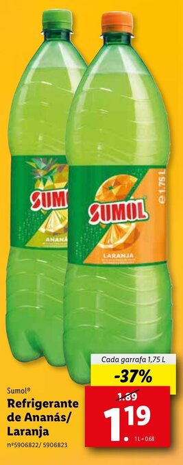 Lidl Sumol Refrigerante de Ananás / Laranja 1,75L promoção