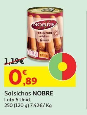 Auchan Salsichas nobre:lata 6 uni 250(120)g promoção