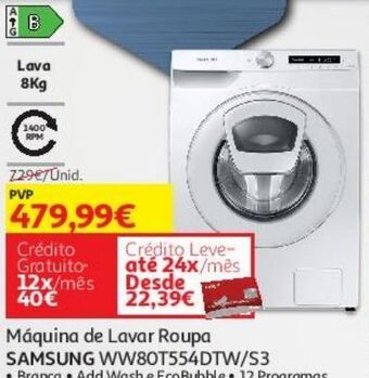 Auchan Maquina lavar roupa samsung:branco ww80t554dtw/s3 promoção
