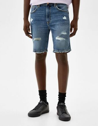 Bershka Calções bermuda em denim skinny com rasgões promoção