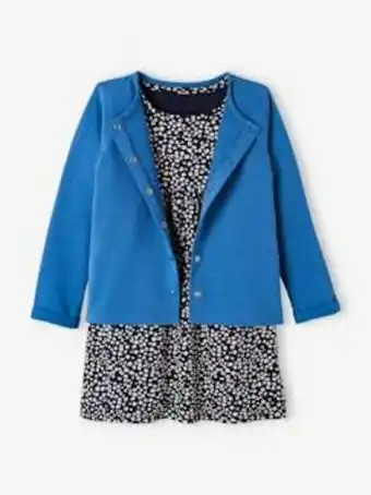 Conjunto vestido + casaco, para menina - azul medio liso