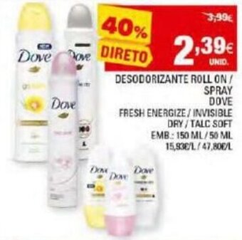 Continente Desodorizante Roll On/Spray Dove 150ml/50ml promoção
