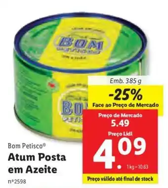 Lidl Bom Petisco Atum Posta em Azeite 385g promoção