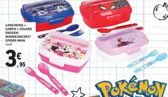E.Leclerc Lancheira + garfo + colher frozen/ minnie / mickey / spiderman promoção