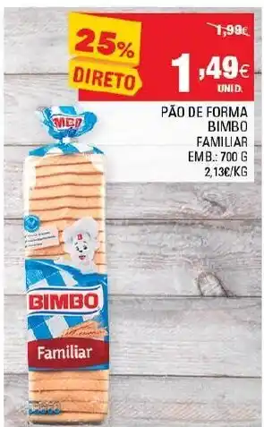 Continente Pão de Forma Bimbo Familiar 700g promoção