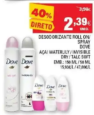 Continente Desodorizante Roll On/ Spray Dove 150ml/ 50ml promoção