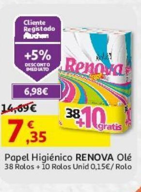 Auchan Papel higiénico renova olé 38 r +10 r promoção