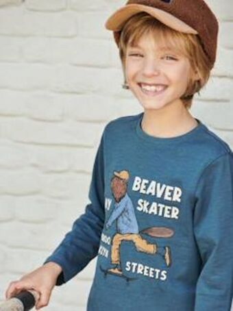 Vertbaudet Camisola com gato engraçado, para menino - azul medio liso... promoção