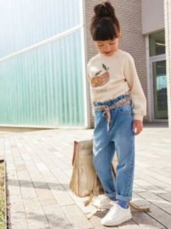 Jeans estilo paperbag e cinto florido, para menina - azul...